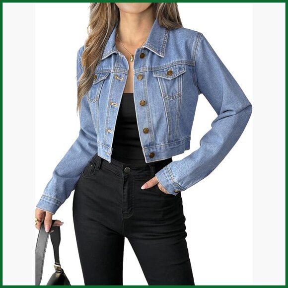 100% Cotton Denim Jacket Button Down Long Sleeve Cropped with Pockets